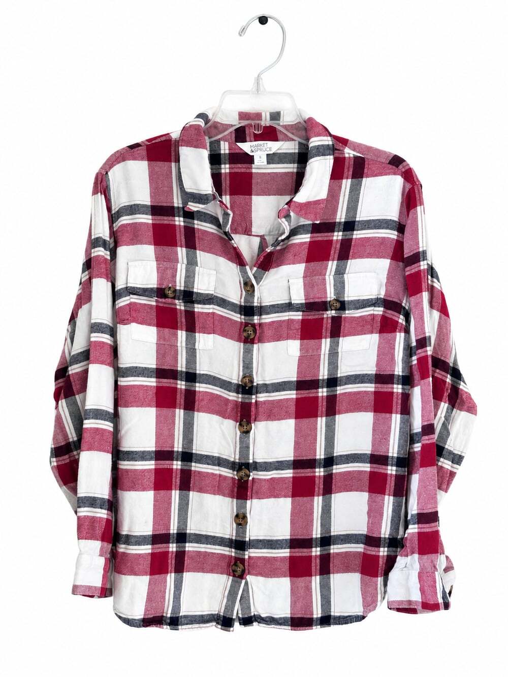 Market & Spruce 2X Red White Plaid Rayon Button Down Shirt Plus Size